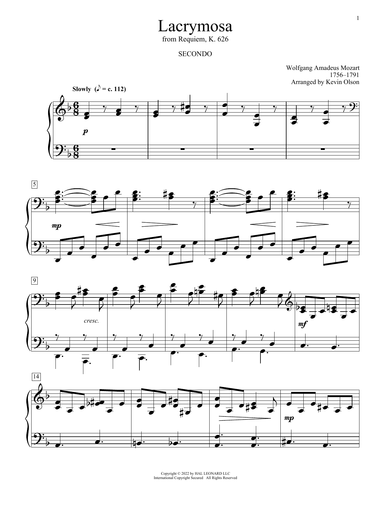 Download Wolfgang Amadeus Mozart Lacrymosa (arr. Kevin Olson) Sheet Music and learn how to play Piano Duet PDF digital score in minutes