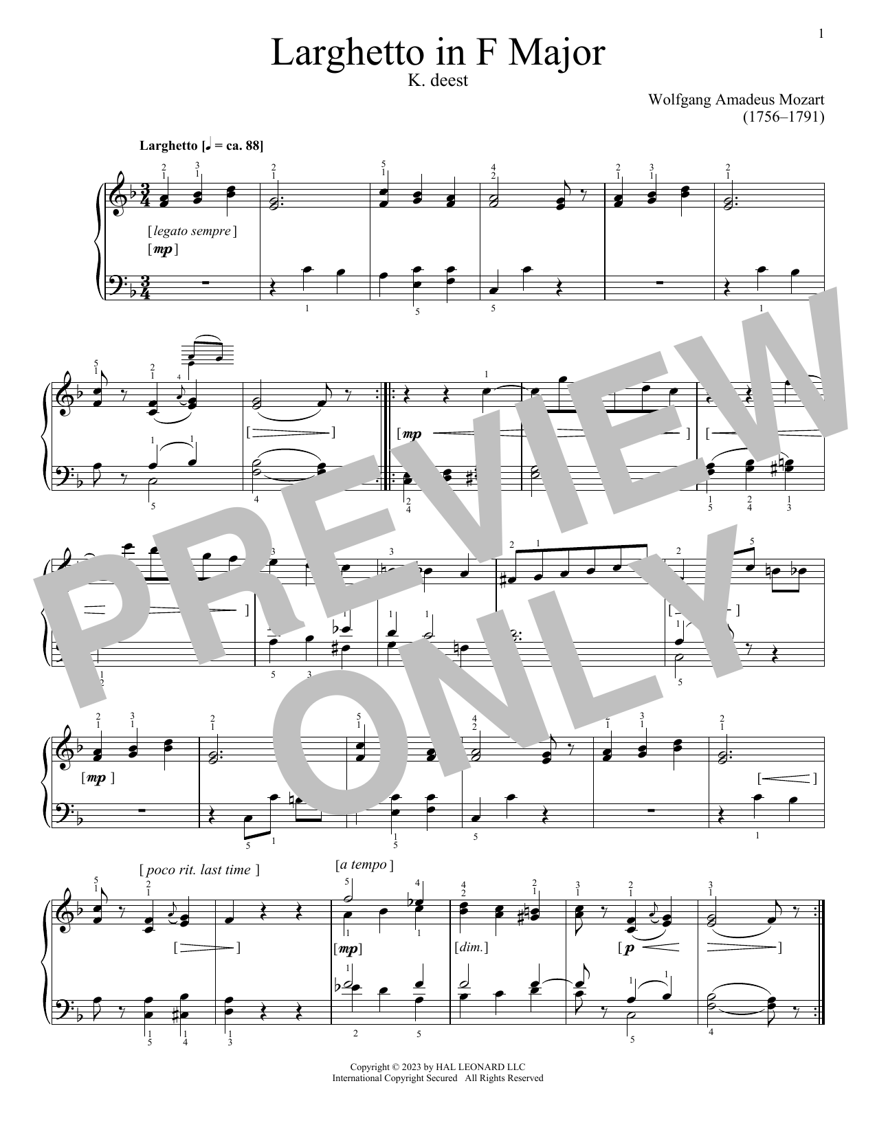 Download Wolfgang Amadeus Mozart Larghetto in F Major, K. deest Sheet Music and learn how to play Piano Solo PDF digital score in minutes
