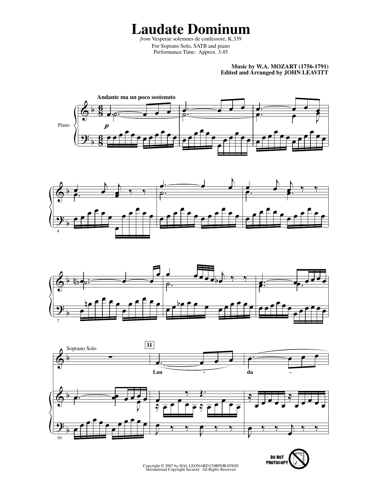 Download Wolfgang Amadeus Mozart Laudate Dominum (from Vesperae solennes de confessore, K. 339) (arr. John Leavit Sheet Music and learn how to play SATB Choir PDF digital score in minutes