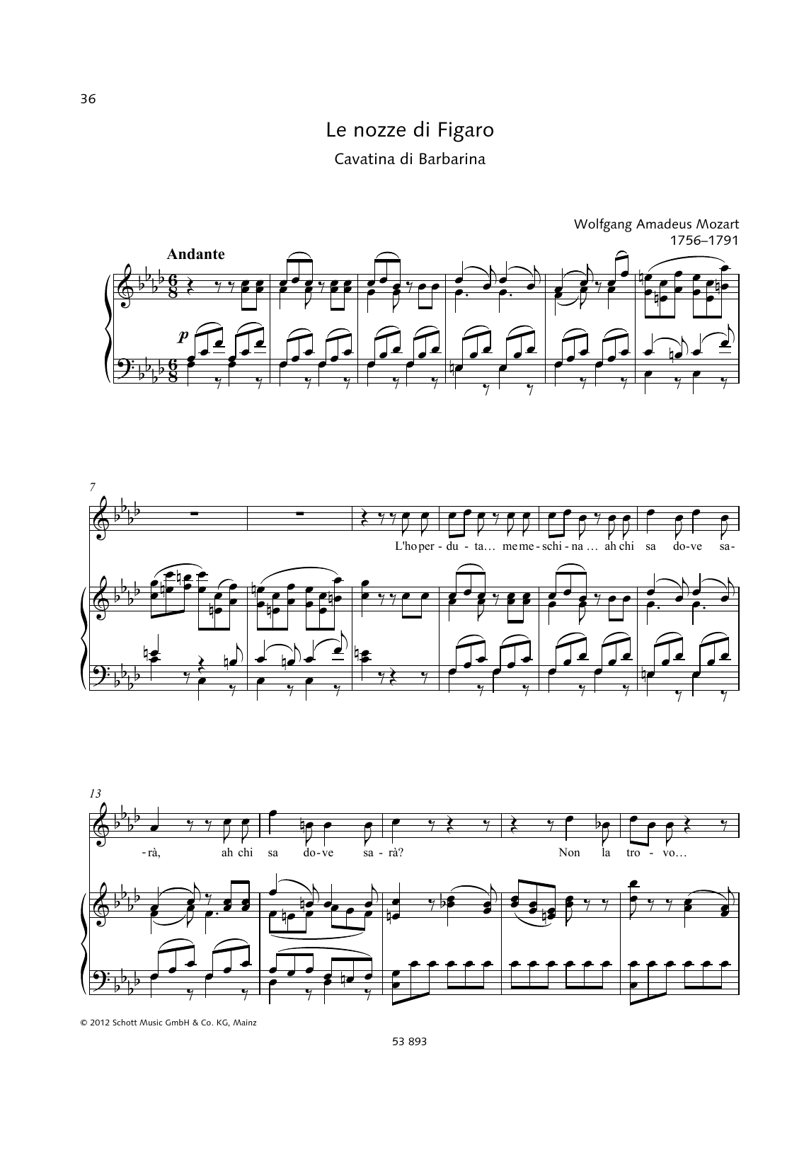 Download Wolfgang Amadeus Mozart L'ho perduta Sheet Music and learn how to play Piano & Vocal PDF digital score in minutes