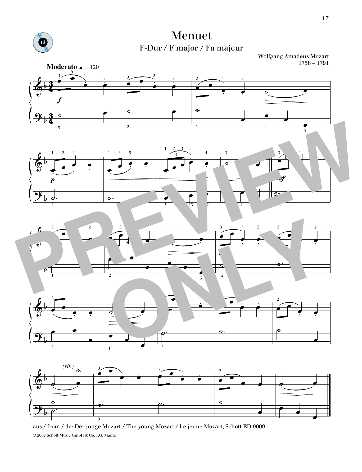 Download Wolfgang Amadeus Mozart Minuet F major Sheet Music and learn how to play Piano Solo PDF digital score in minutes