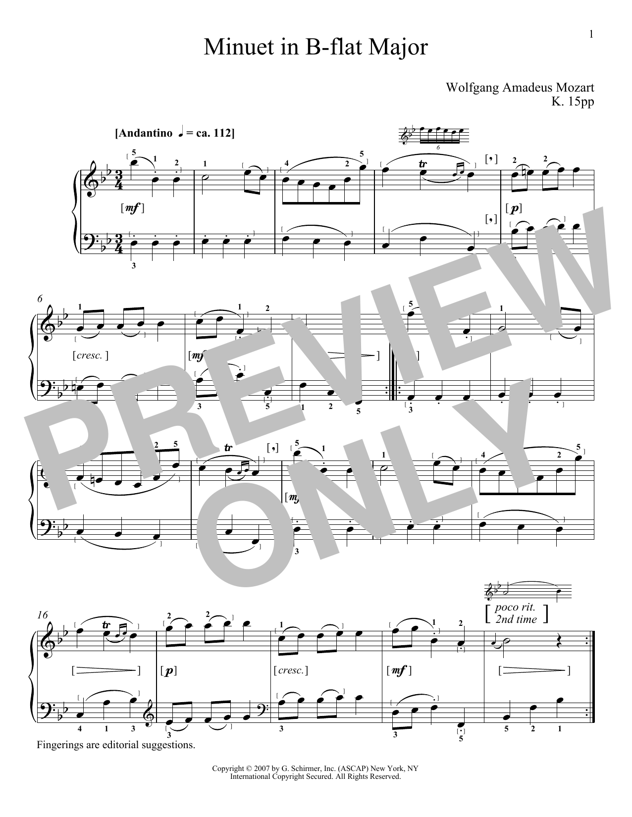 Download Wolfgang Amadeus Mozart Minuet In B-Flat Major, KV 15pp Sheet Music and learn how to play Piano PDF digital score in minutes
