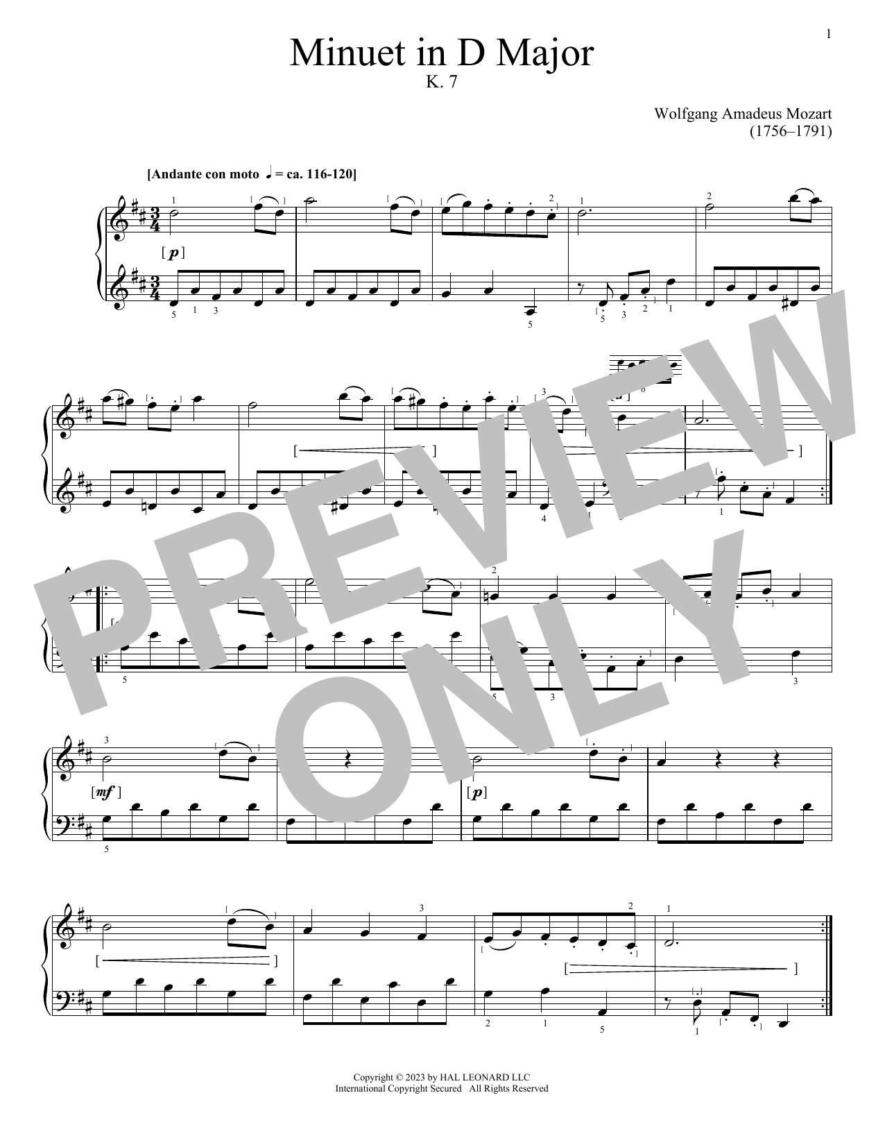 Download Wolfgang Amadeus Mozart Minuet In D, K. 7 Sheet Music and learn how to play Piano Solo PDF digital score in minutes