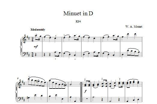 Download Wolfgang Amadeus Mozart Minuet in D K94 Sheet Music and learn how to play Piano PDF digital score in minutes