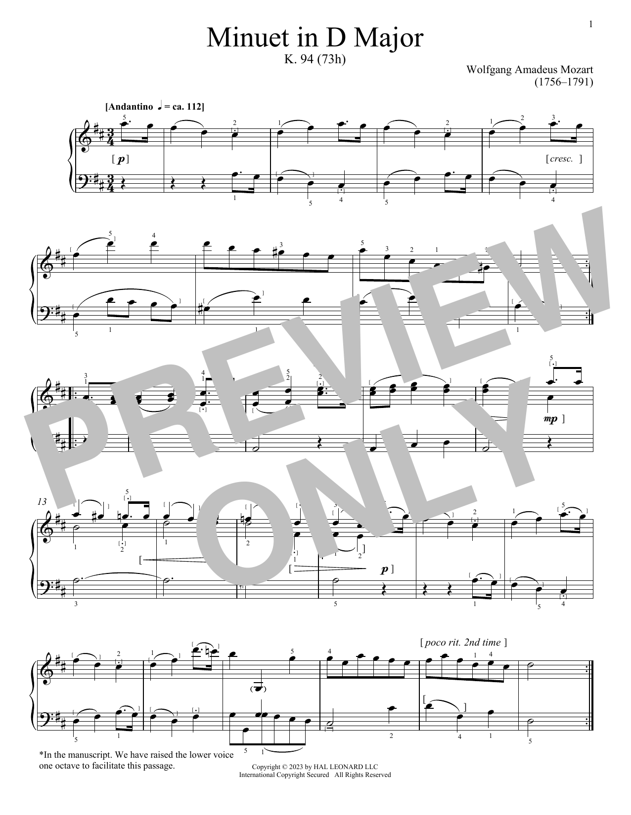 Download Wolfgang Amadeus Mozart Minuet in D Major, K. 94 (73h) Sheet Music and learn how to play Piano Solo PDF digital score in minutes