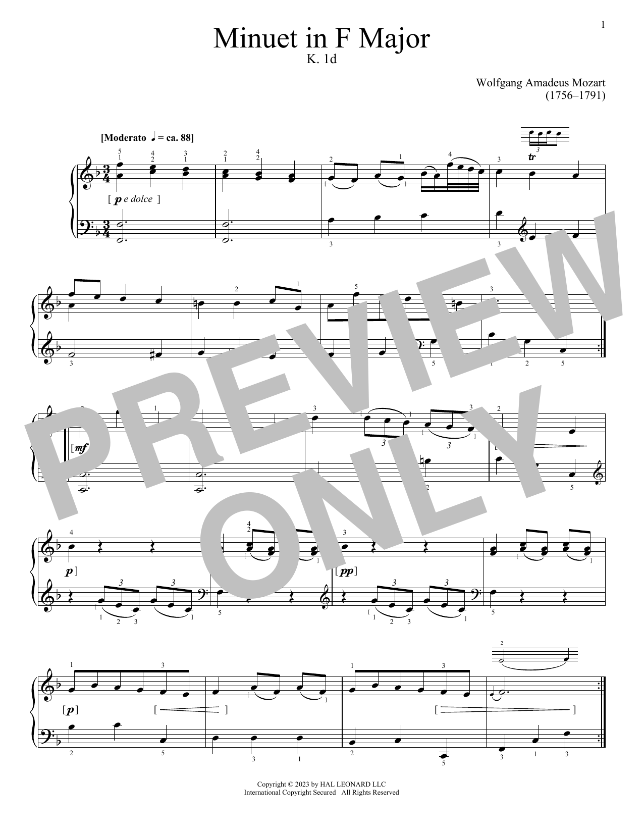 Download Wolfgang Amadeus Mozart Minuet in F Major, K. 1d Sheet Music and learn how to play Piano Solo PDF digital score in minutes