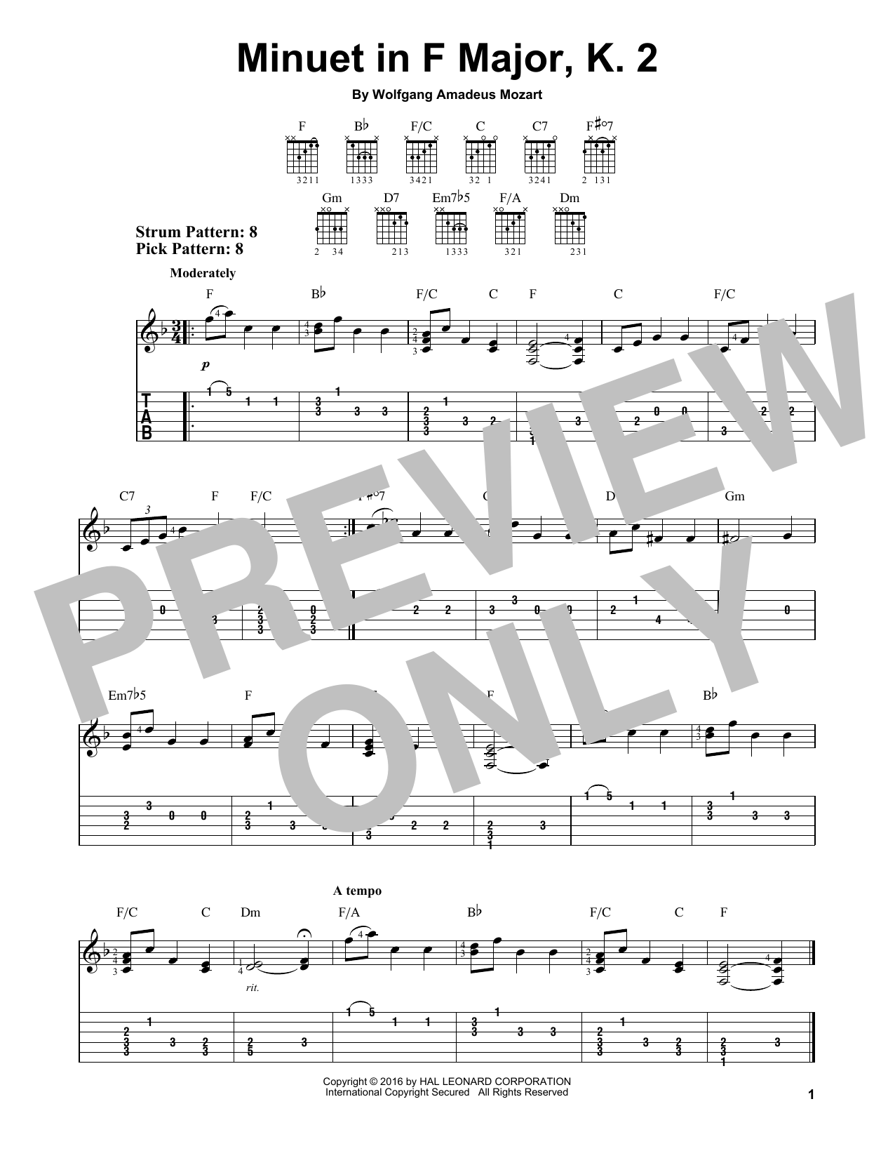 Download Wolfgang Amadeus Mozart Minuet In F Major, K. 2 Sheet Music and learn how to play Easy Guitar Tab PDF digital score in minutes