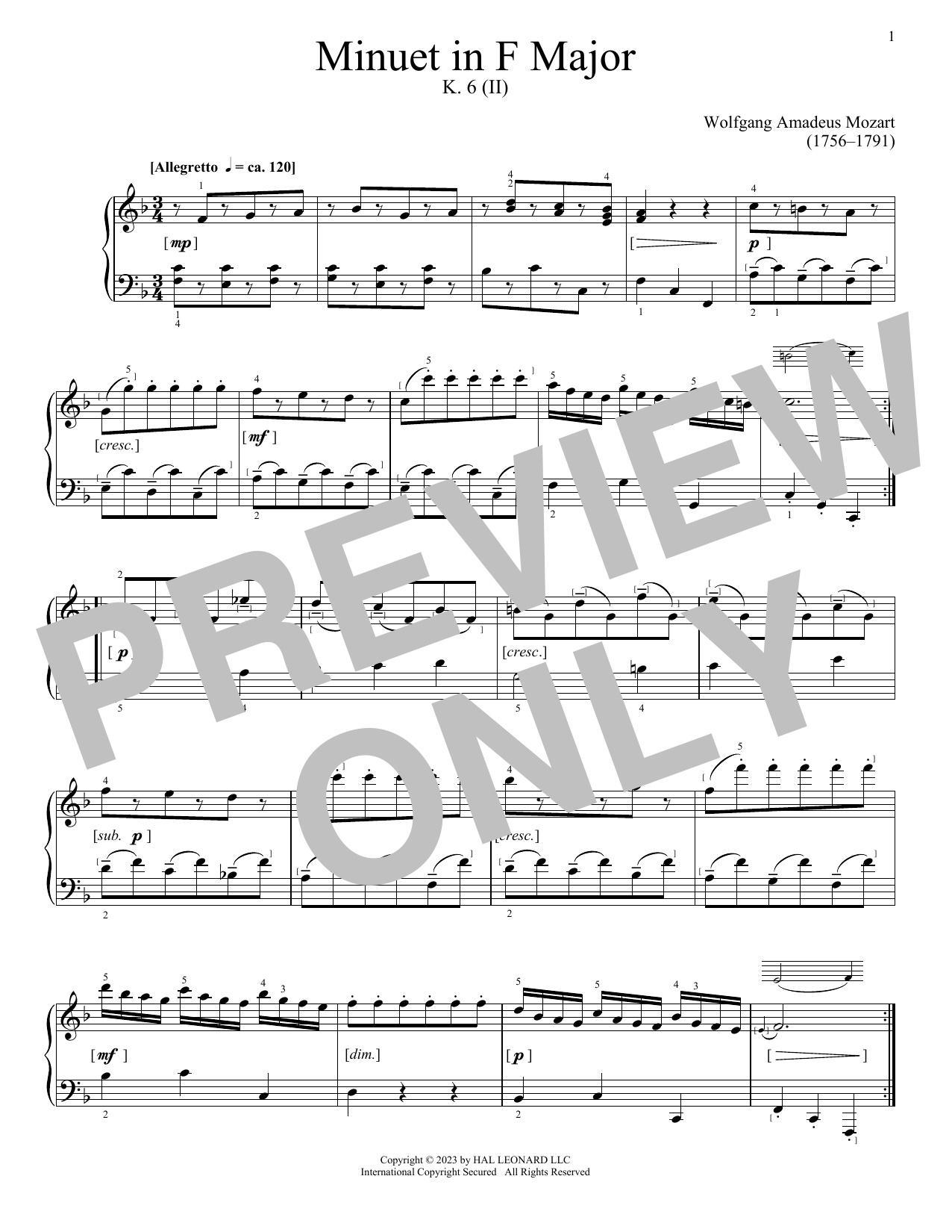 Download Wolfgang Amadeus Mozart Minuet in F Major, K. 6 (II) Sheet Music and learn how to play Piano Solo PDF digital score in minutes