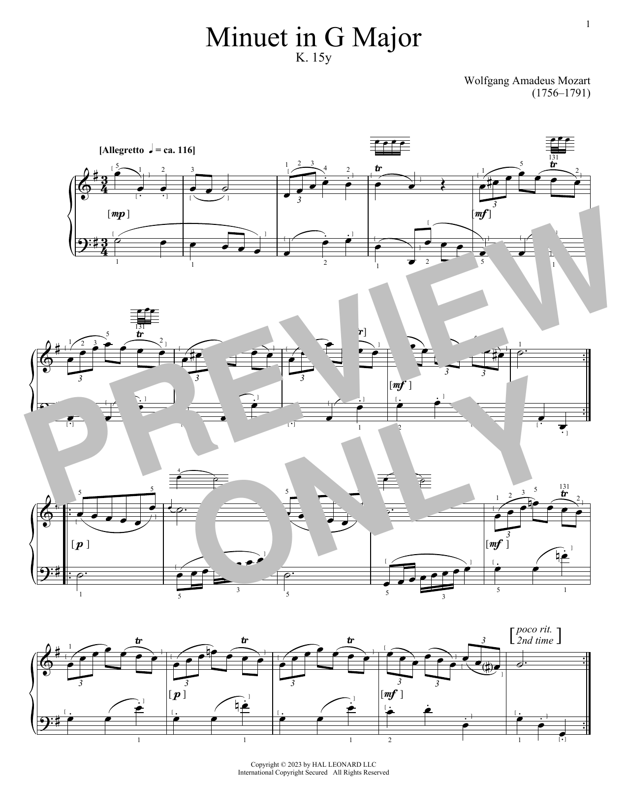Download Wolfgang Amadeus Mozart Minuet in G Major, K. 15y Sheet Music and learn how to play Piano Solo PDF digital score in minutes
