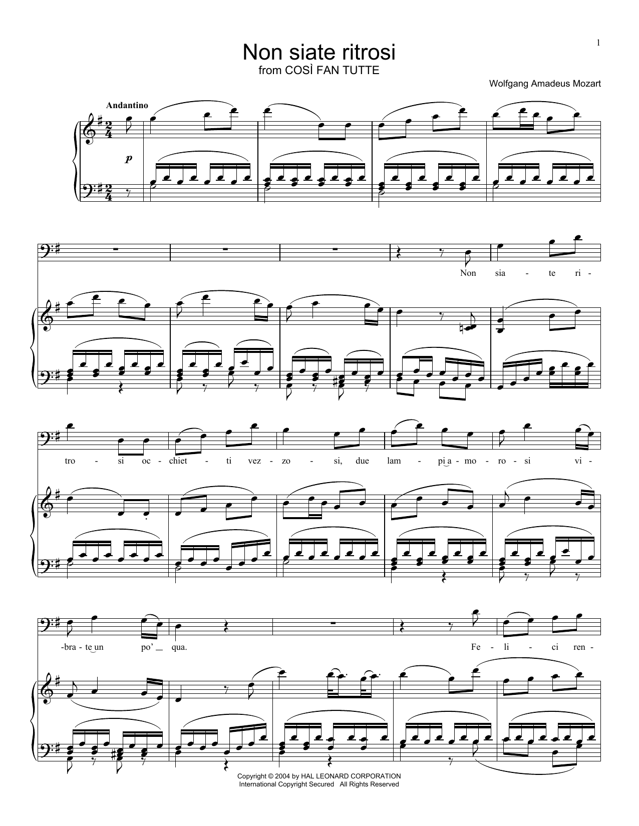 Download Wolfgang Amadeus Mozart Non Siate Ritrosi Sheet Music and learn how to play Piano, Vocal & Guitar (Right-Hand Melody) PDF digital score in minutes