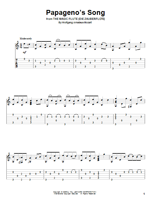 Download Wolfgang Amadeus Mozart Papageno's Song Sheet Music and learn how to play Guitar Tab PDF digital score in minutes
