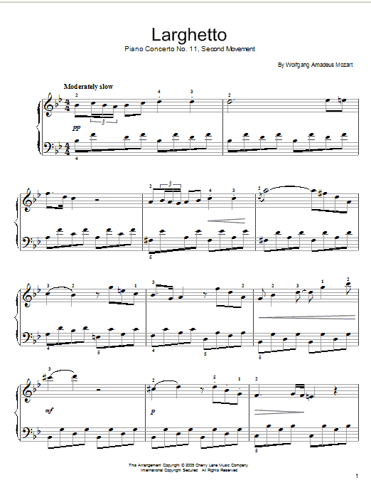 Download Wolfgang Amadeus Mozart Piano Concerto No.11 (2nd Movement) Sheet Music and learn how to play Easy Piano PDF digital score in minutes