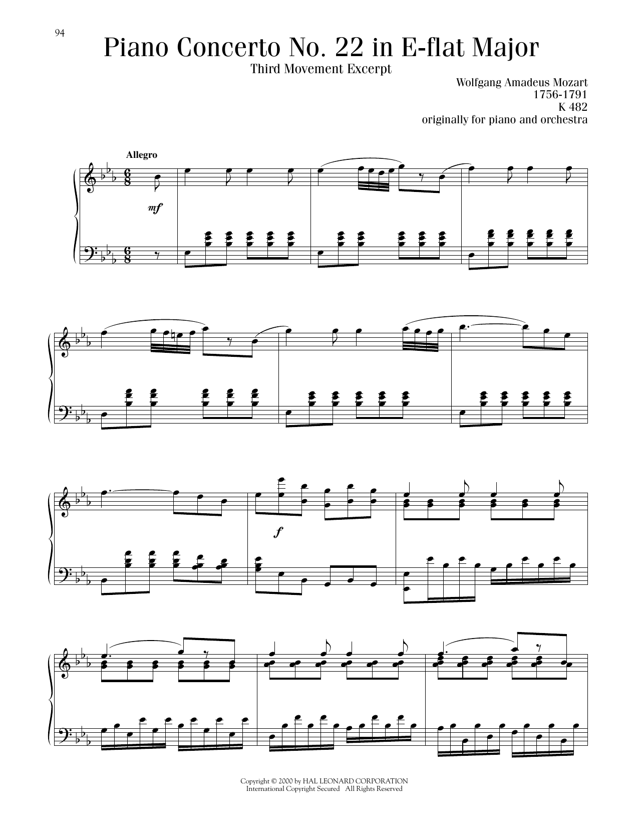 Download Wolfgang Amadeus Mozart Piano Concerto No. 22 In E-Flat Major Sheet Music and learn how to play Piano Solo PDF digital score in minutes