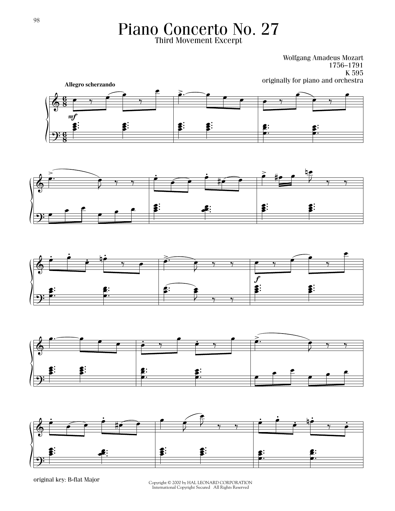 Download Wolfgang Amadeus Mozart Piano Concerto No. 27, Third Movement Excerpt Sheet Music and learn how to play Piano Solo PDF digital score in minutes