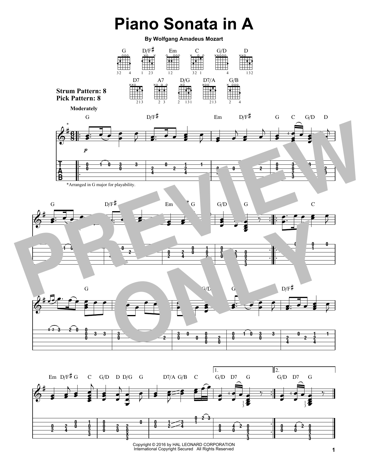 Download Wolfgang Amadeus Mozart Piano Sonata In A Sheet Music and learn how to play Easy Guitar Tab PDF digital score in minutes
