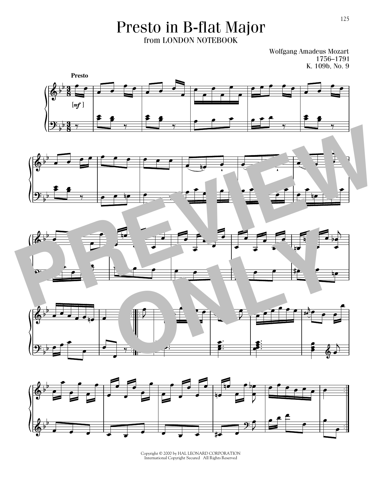 Download Wolfgang Amadeus Mozart Presto In B-Flat Major, K109b, No. 9 Sheet Music and learn how to play Piano Solo PDF digital score in minutes