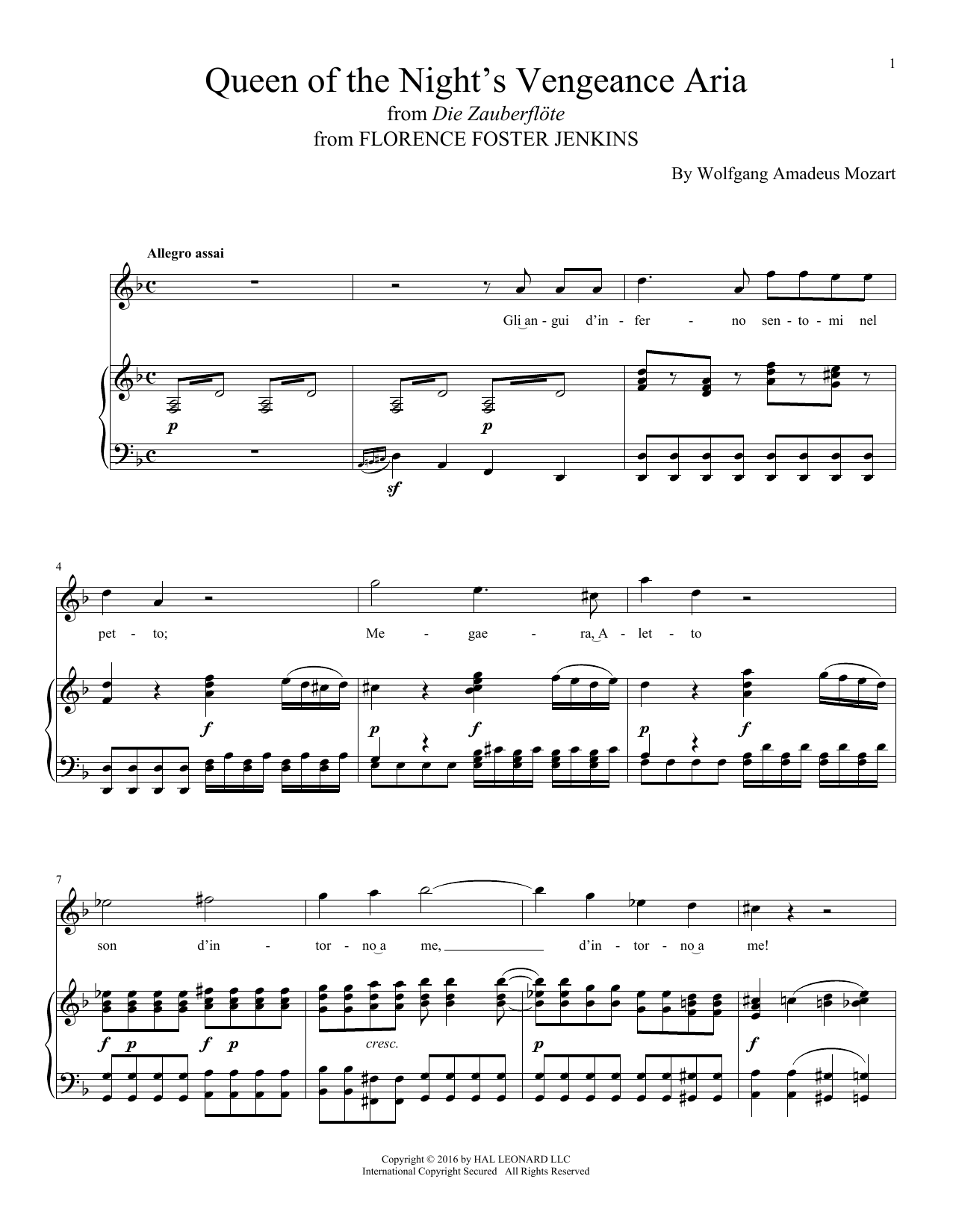 Download Wolfgang Amadeus Mozart Queen Of The Night's Vengeance Aria Sheet Music and learn how to play Piano Solo PDF digital score in minutes