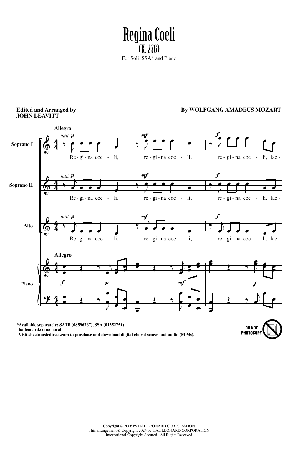 Download Wolfgang Amadeus Mozart Regina Coeli (K. 276) (arr. John Leavitt) Sheet Music and learn how to play SSA Choir PDF digital score in minutes