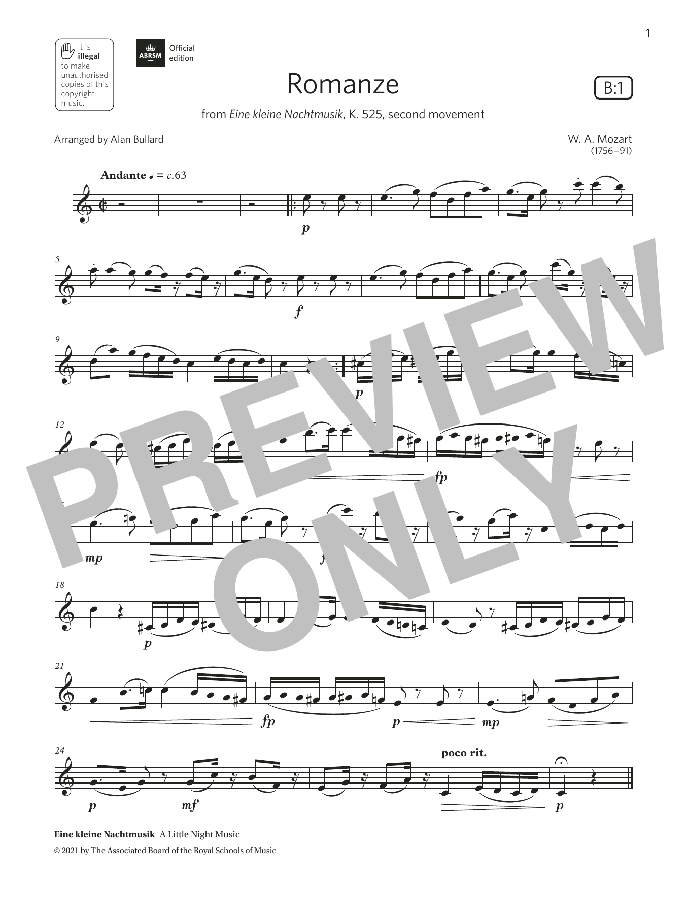 Download Wolfgang Amadeus Mozart Romanze (from Eine kleine Nachtmusik) (Grade 4 List B1 from the ABRSM Clarinet Sheet Music and learn how to play Clarinet Solo PDF digital score in minutes