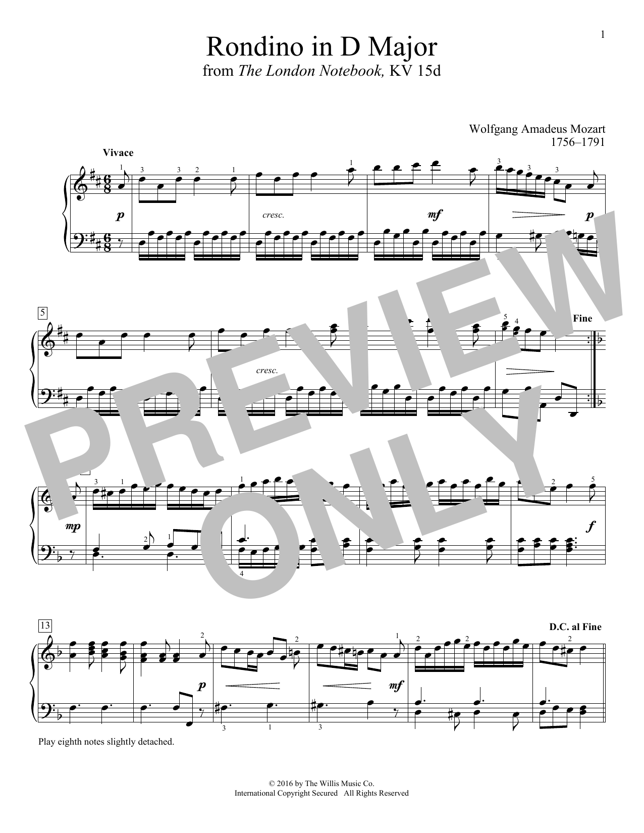 Download Wolfgang Amadeus Mozart Rondino In D Major Sheet Music and learn how to play Educational Piano PDF digital score in minutes