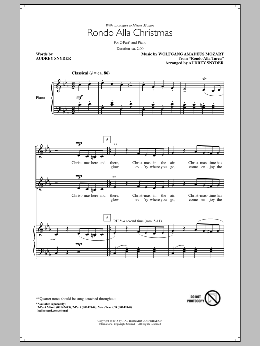 Download Wolfgang Amadeus Mozart Rondo Alla Turca (arr. Audrey Snyder) Sheet Music and learn how to play 3-Part Mixed PDF digital score in minutes