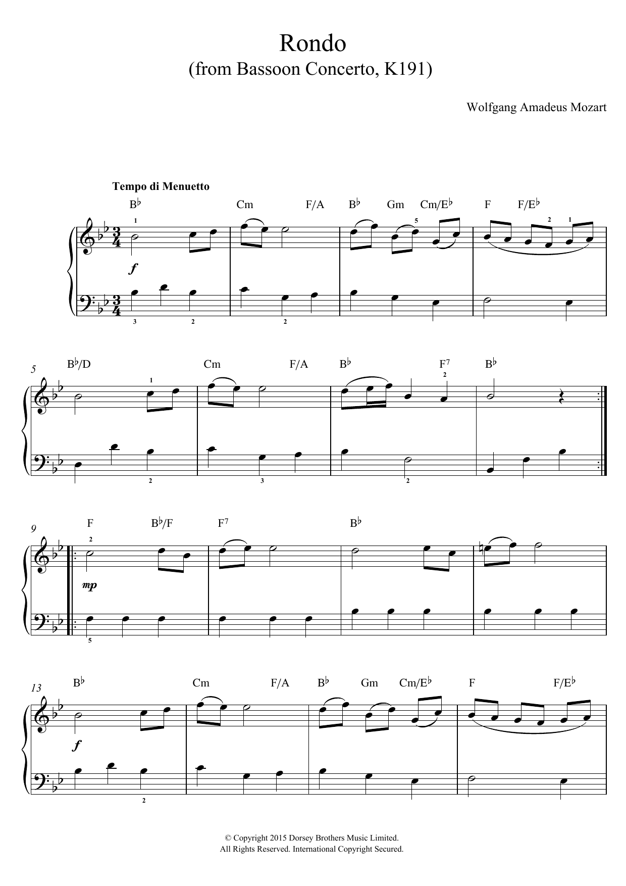 Download Wolfgang Amadeus Mozart Rondo From Bassoon Concerto, K191 Sheet Music and learn how to play Beginner Piano PDF digital score in minutes