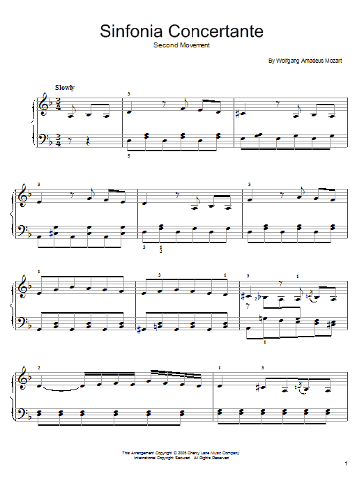 Download Wolfgang Amadeus Mozart Sinfonia Concertante (2nd Movement) Sheet Music and learn how to play Easy Piano PDF digital score in minutes