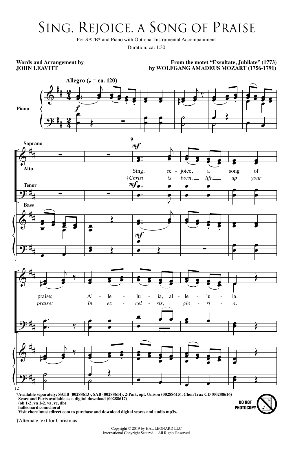 Download Wolfgang Amadeus Mozart Sing, Rejoice A Song Of Praise (arr. John Leavitt) Sheet Music and learn how to play 2-Part Choir PDF digital score in minutes