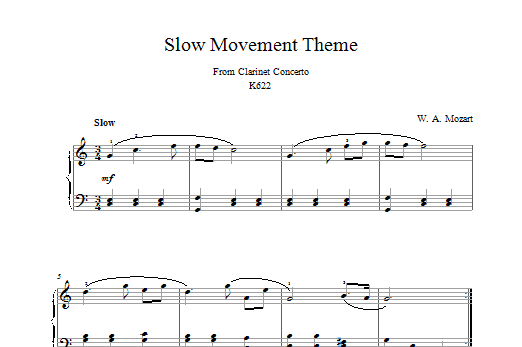 Download Wolfgang Amadeus Mozart Slow Movement Theme (from Clarinet Concerto K622) Sheet Music and learn how to play Beginner Piano PDF digital score in minutes