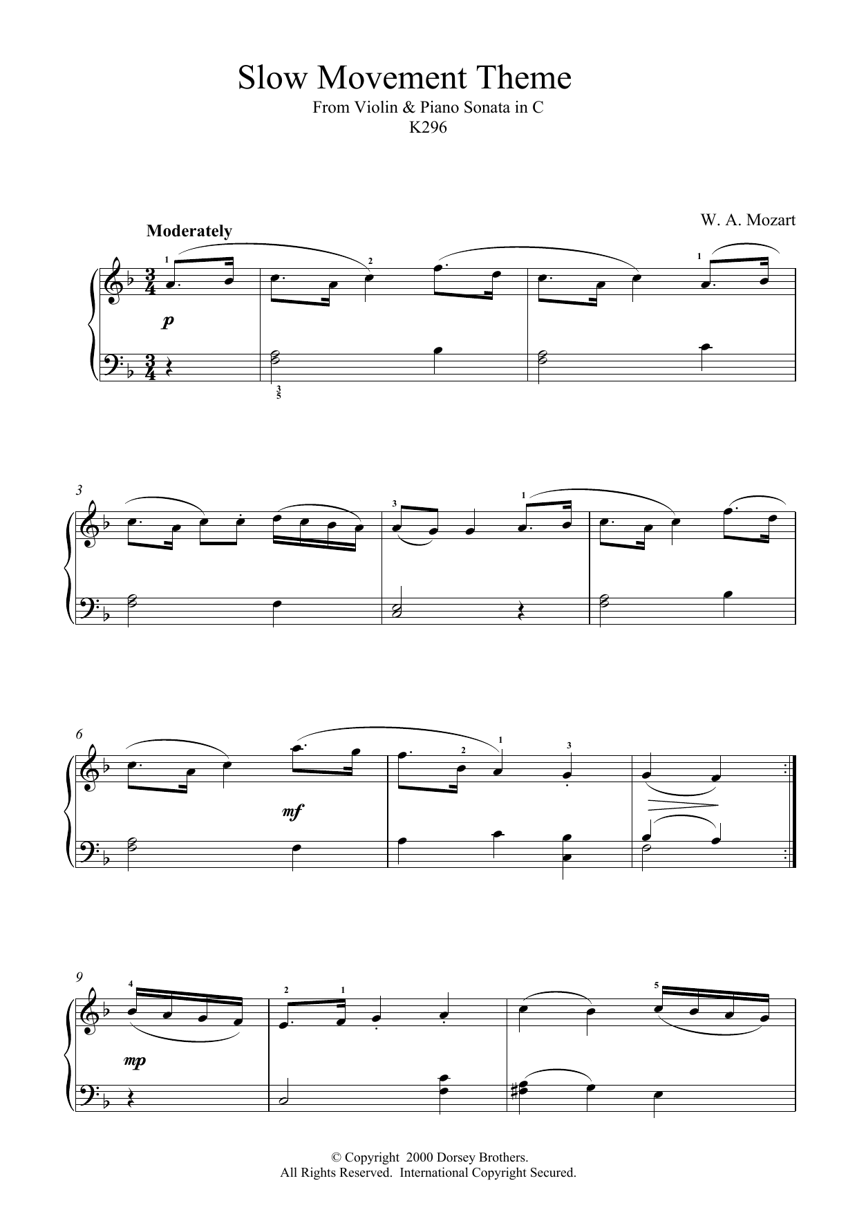 Download Wolfgang Amadeus Mozart Slow Movement Theme from Violin and Piano Sonata in C, K296 Sheet Music and learn how to play Piano Solo PDF digital score in minutes