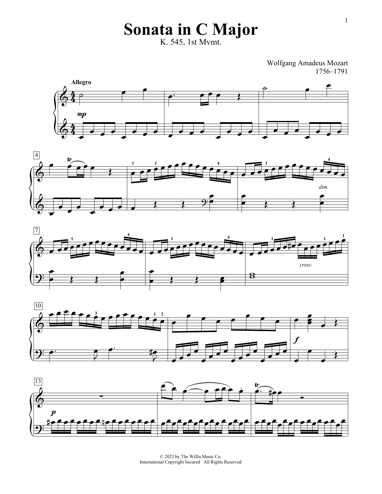 Download Wolfgang Amadeus Mozart Sonata No. 16 In C Major, K. 545, First Movement (