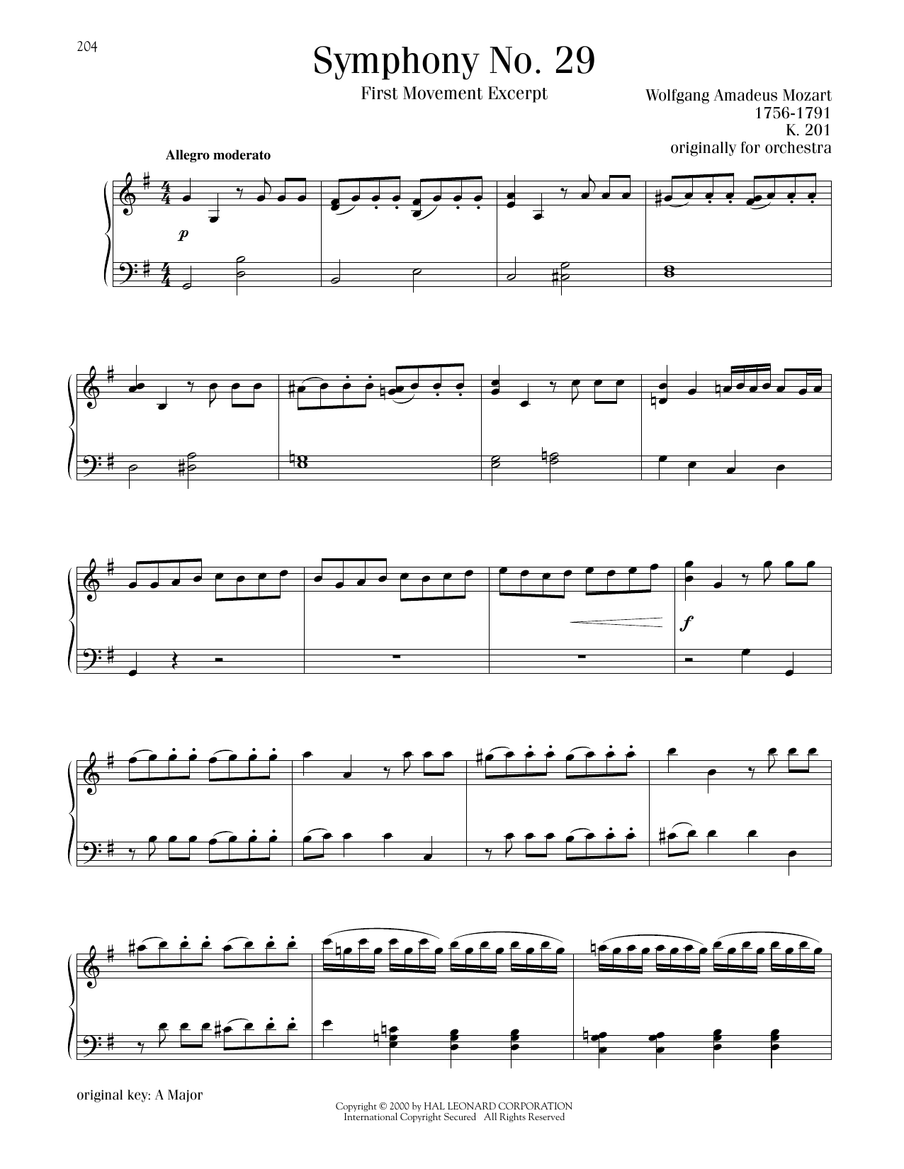 Download Wolfgang Amadeus Mozart Symphony No. 29, First Movement Excerpt Sheet Music and learn how to play Piano Solo PDF digital score in minutes