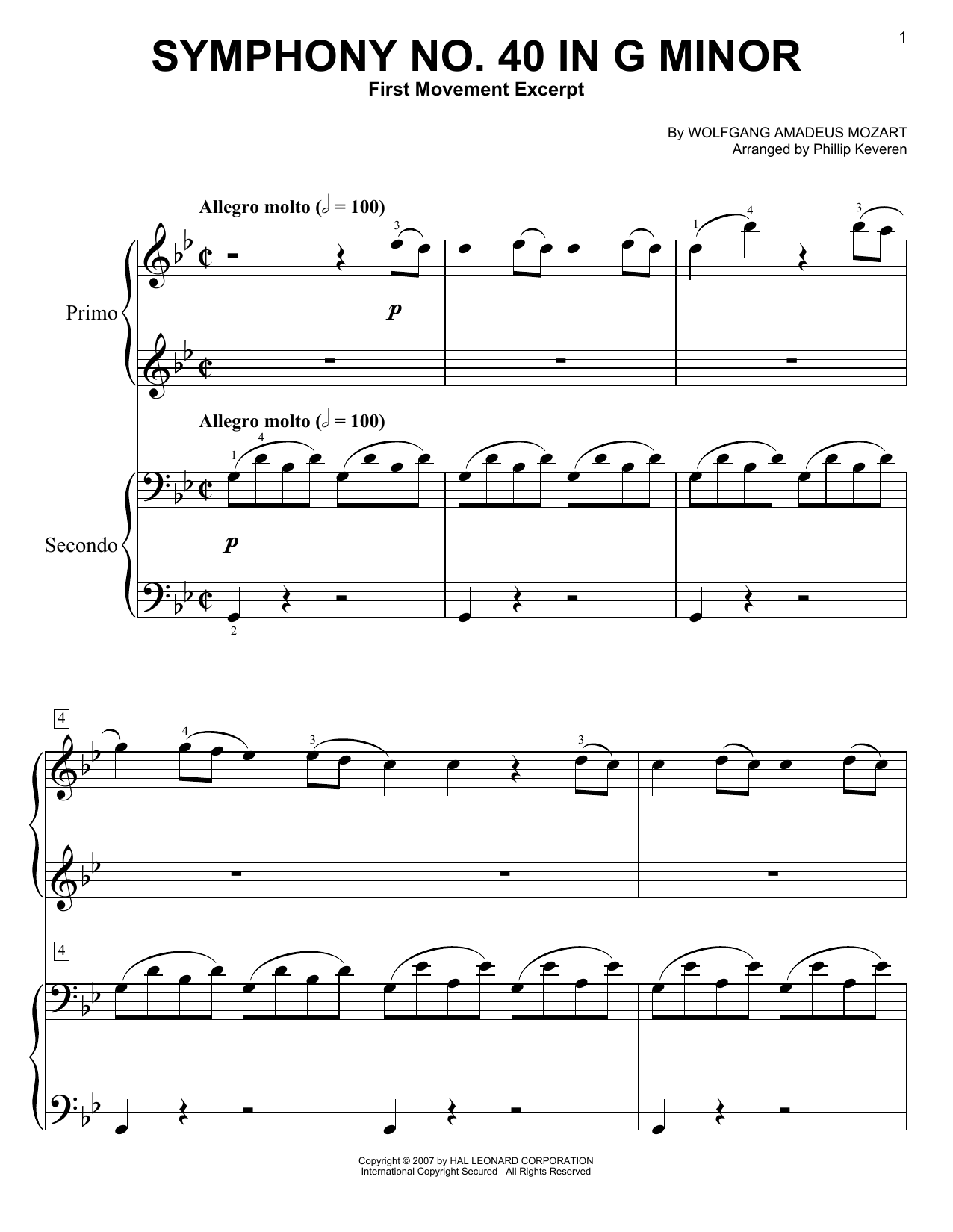 Download Phillip Keveren Symphony No. 40 In G Minor, First Movement Excerpt Sheet Music and learn how to play Easy Piano Duet PDF digital score in minutes