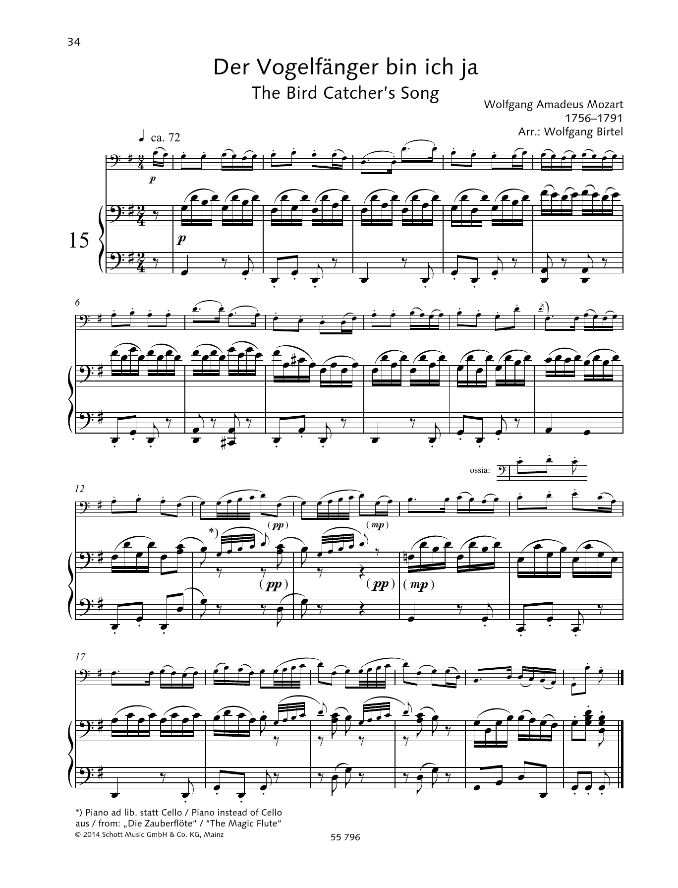 Download Wolfgang Amadeus Mozart The Bird Catcher's Song Sheet Music and learn how to play String Solo PDF digital score in minutes