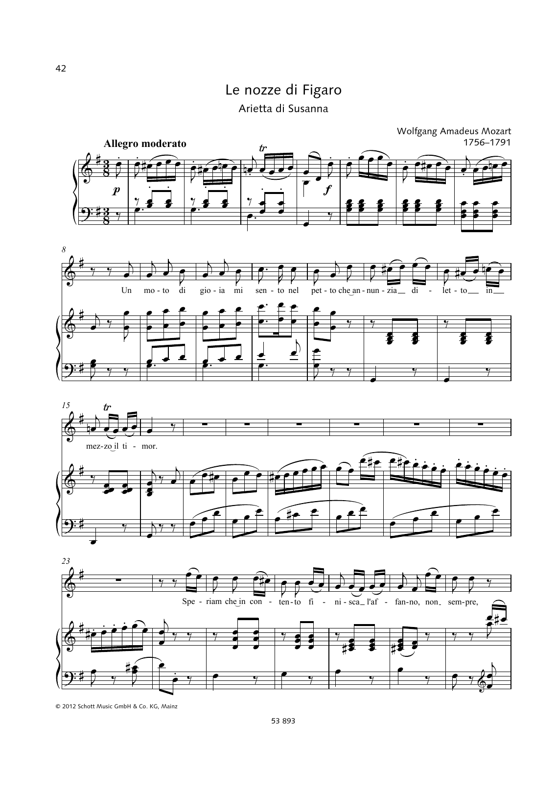 Download Wolfgang Amadeus Mozart Un Moto di Gioia Sheet Music and learn how to play Piano & Vocal PDF digital score in minutes