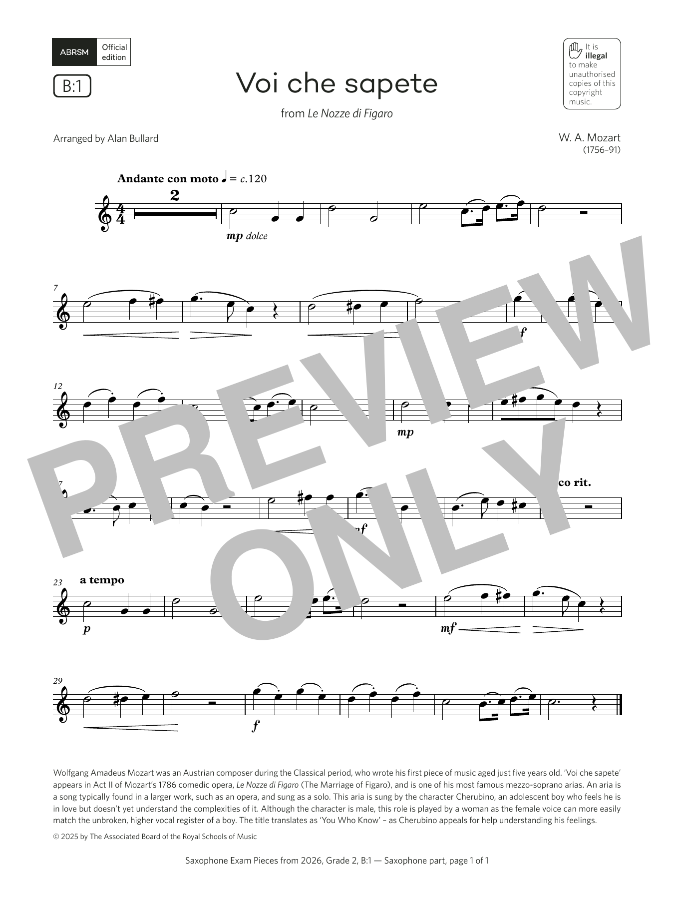 Download Wolfgang Amadeus Mozart Voi che sapete (Grade 2, list B1, from the ABRSM Saxophone Syllabus from 2026) Sheet Music and learn how to play Alto Sax Solo PDF digital score in minutes