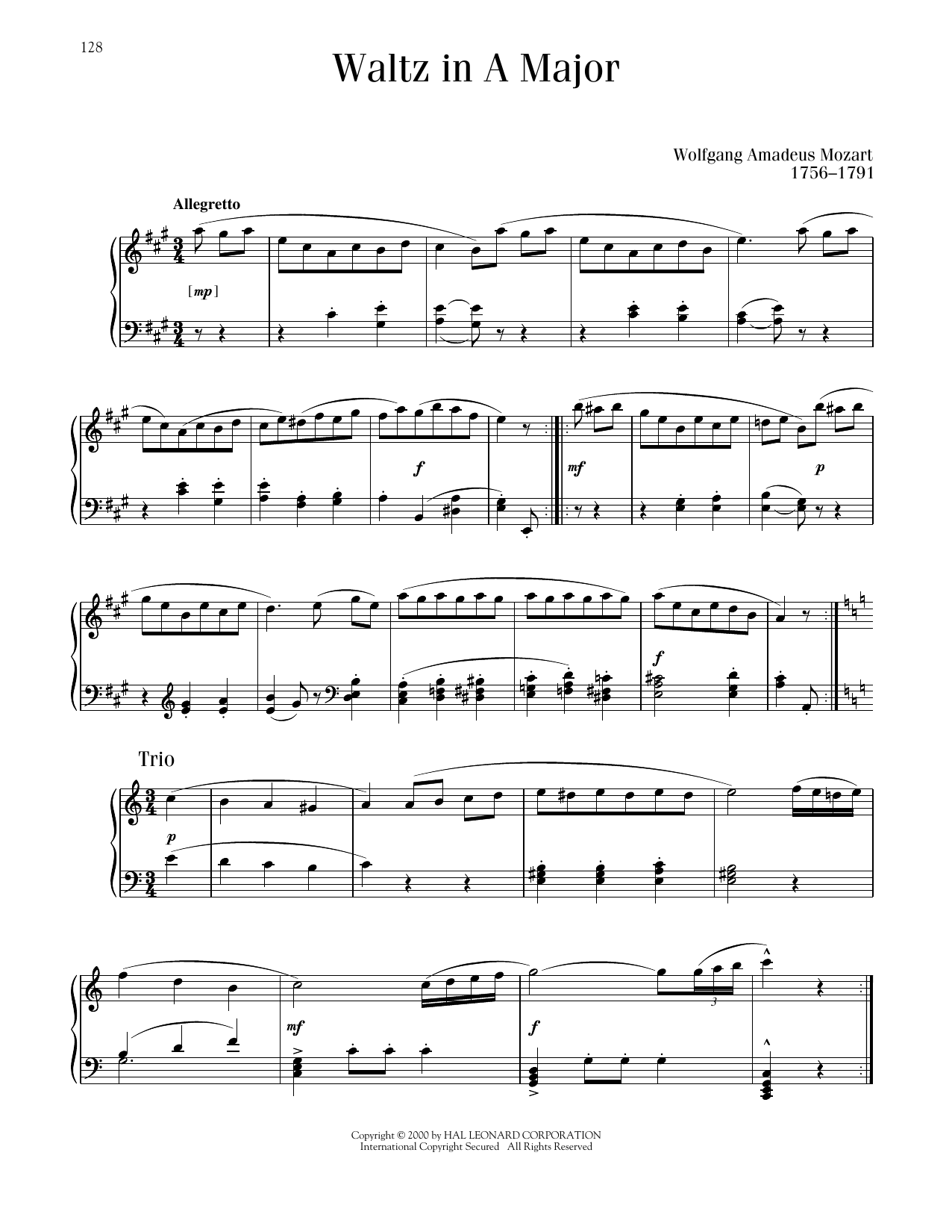 Download Wolfgang Amadeus Mozart Waltz In A Major Sheet Music and learn how to play Piano Solo PDF digital score in minutes