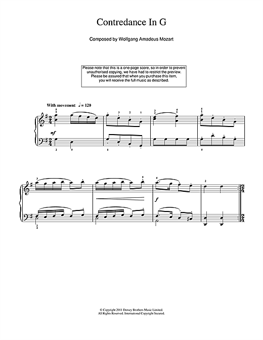 Download Wolfgang Amadeus Mozart Contredance In G Sheet Music and learn how to play Beginner Piano PDF digital score in minutes