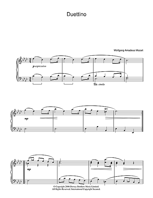 Download Wolfgang Amadeus Mozart Duettino Sheet Music and learn how to play Beginner Piano PDF digital score in minutes