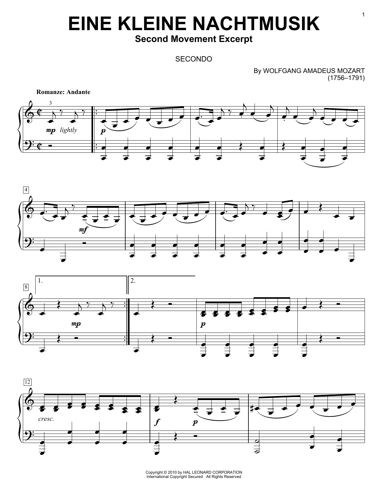 Wolfgang Amadeus Mozart Eine Kleine Nachtmusik Romance Second Movement Sheet Music Notes Chords Piano Download Classical Pdf