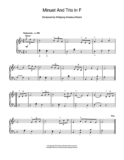 Download Wolfgang Amadeus Mozart Minuet And Trio in F Sheet Music and learn how to play Beginner Piano PDF digital score in minutes