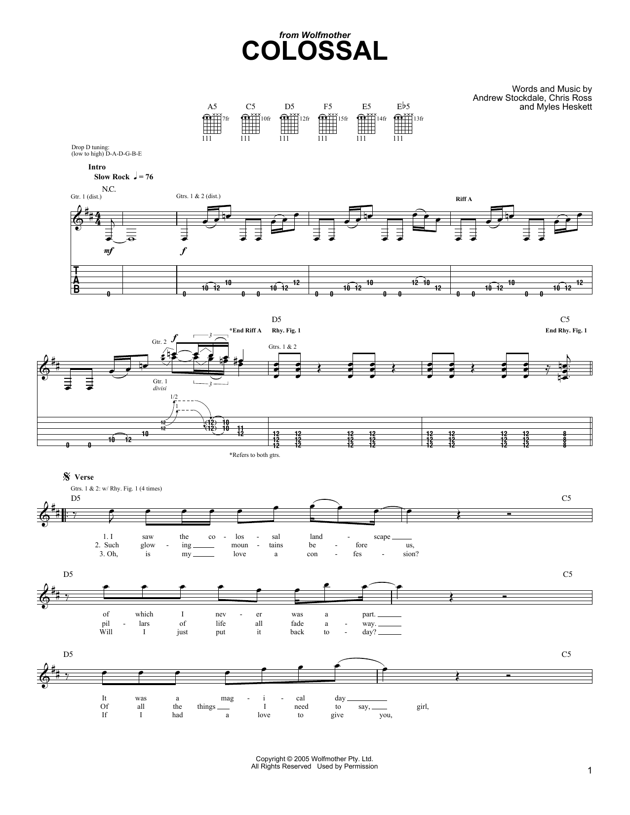 Download Wolfmother Colossal Sheet Music and learn how to play Guitar Tab PDF digital score in minutes