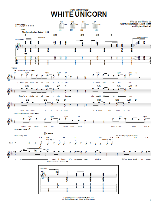 Download Wolfmother White Unicorn Sheet Music and learn how to play Guitar Tab PDF digital score in minutes