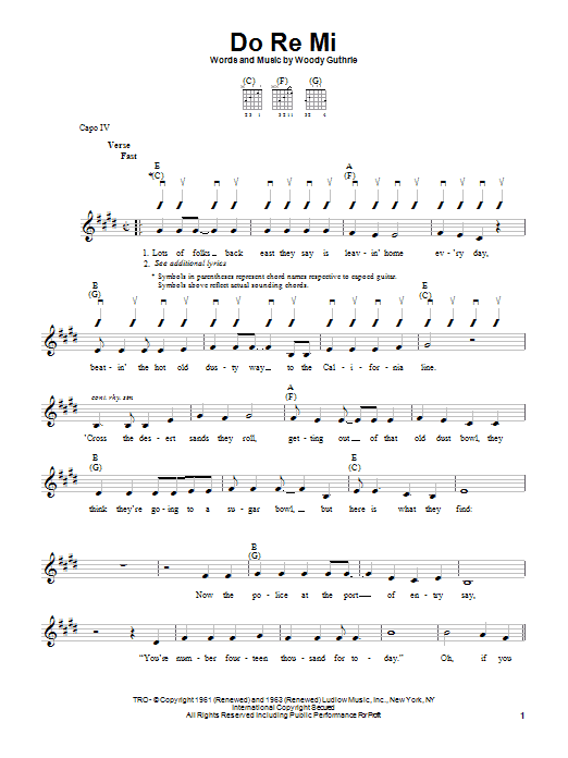 Download Woody Guthrie Do Re Mi Sheet Music and learn how to play Ukulele PDF digital score in minutes