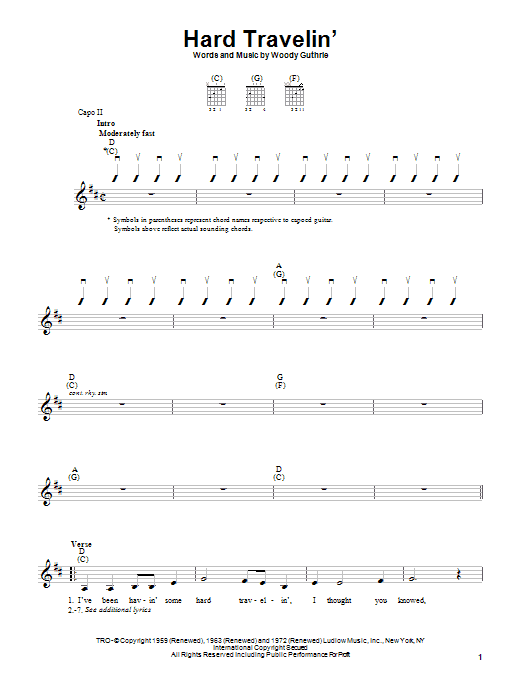 Download Woody Guthrie Hard Travelin' Sheet Music and learn how to play Easy Guitar PDF digital score in minutes