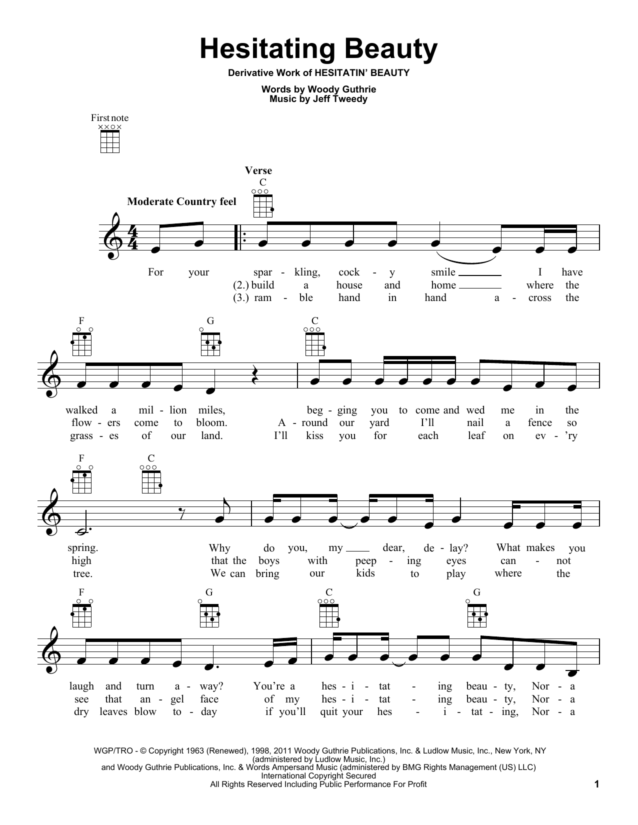 Download Woody Guthrie Hesitating Beauty Sheet Music and learn how to play Ukulele PDF digital score in minutes
