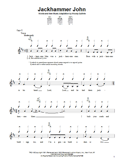 Download Woody Guthrie Jackhammer John Sheet Music and learn how to play Easy Guitar PDF digital score in minutes