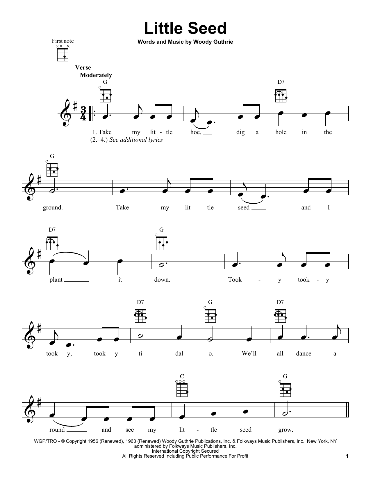 Download Woody Guthrie Little Seed Sheet Music and learn how to play Ukulele PDF digital score in minutes