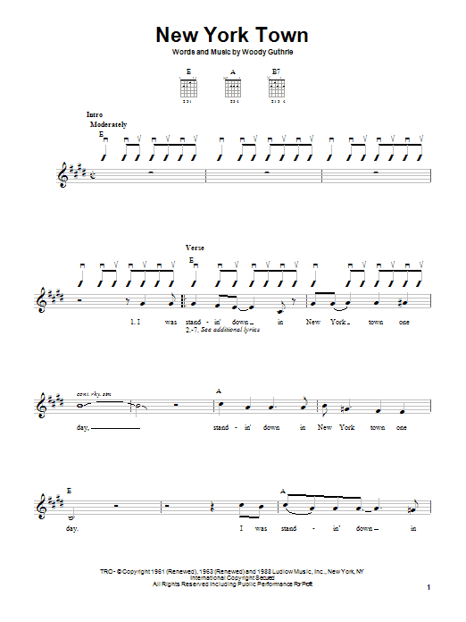 Download Woody Guthrie New York Town Sheet Music and learn how to play Easy Guitar PDF digital score in minutes