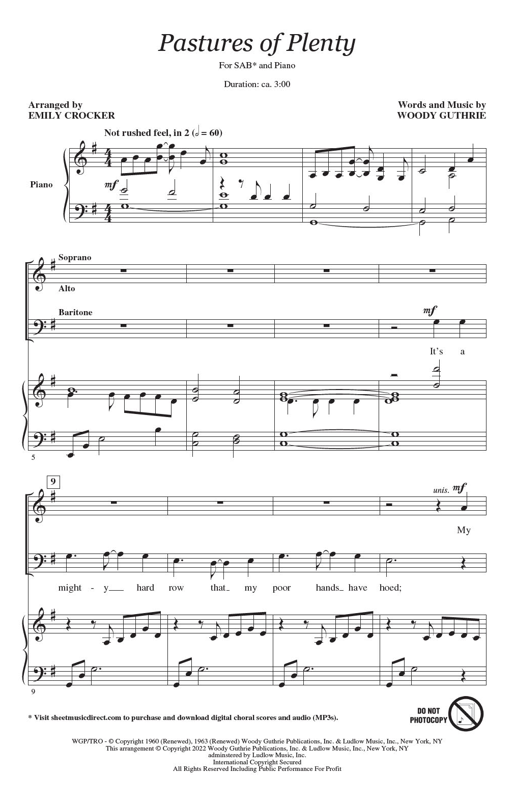 Download Woody Guthrie Pastures Of Plenty (arr. Emily Crocker) Sheet Music and learn how to play SAB Choir PDF digital score in minutes